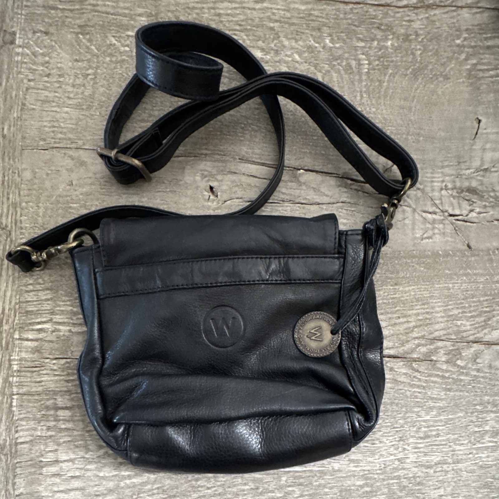 Wanderers Black Small Crossbody Bag Magnetic Closure Bronze Hardware