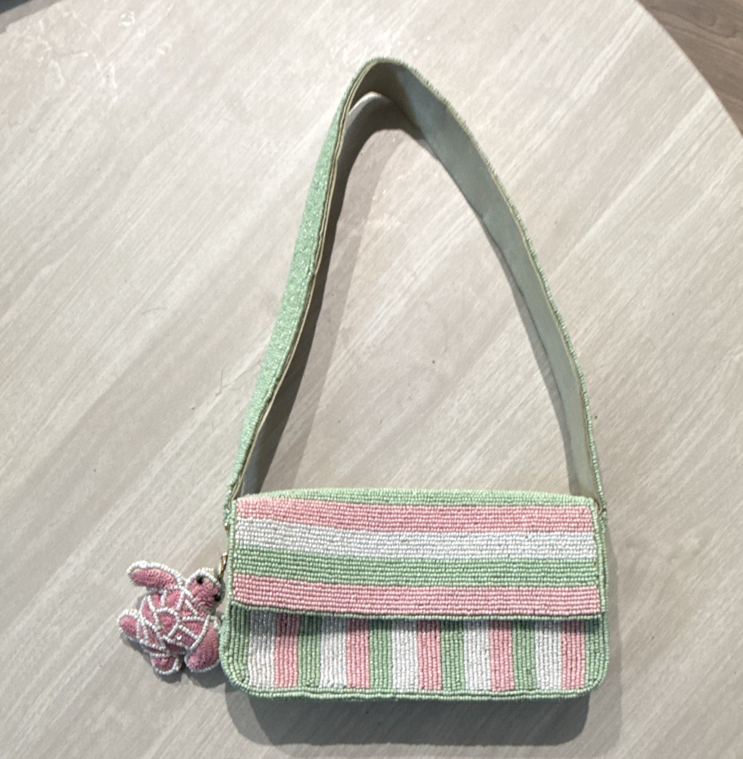 Green Pink White Striped Small Shoulder Bag Magnetic Closure Turtle Charm Gold