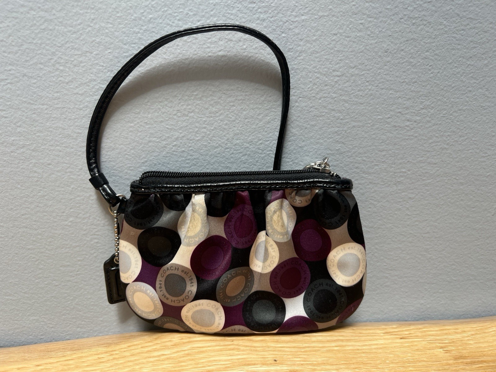 Coach Purple Black Ivory Silk Satin Circle Print Wristlet Clutch Coin Purse