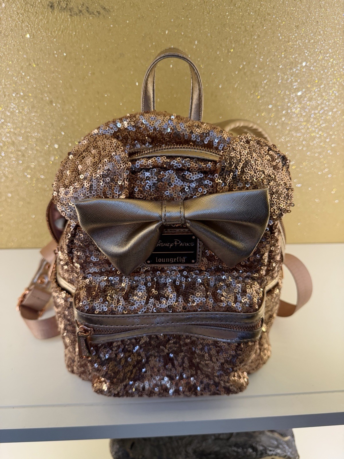 Loungefly Disney Parks Gold Sequin Bow Mini Backpack Pink Polka Dot Lining