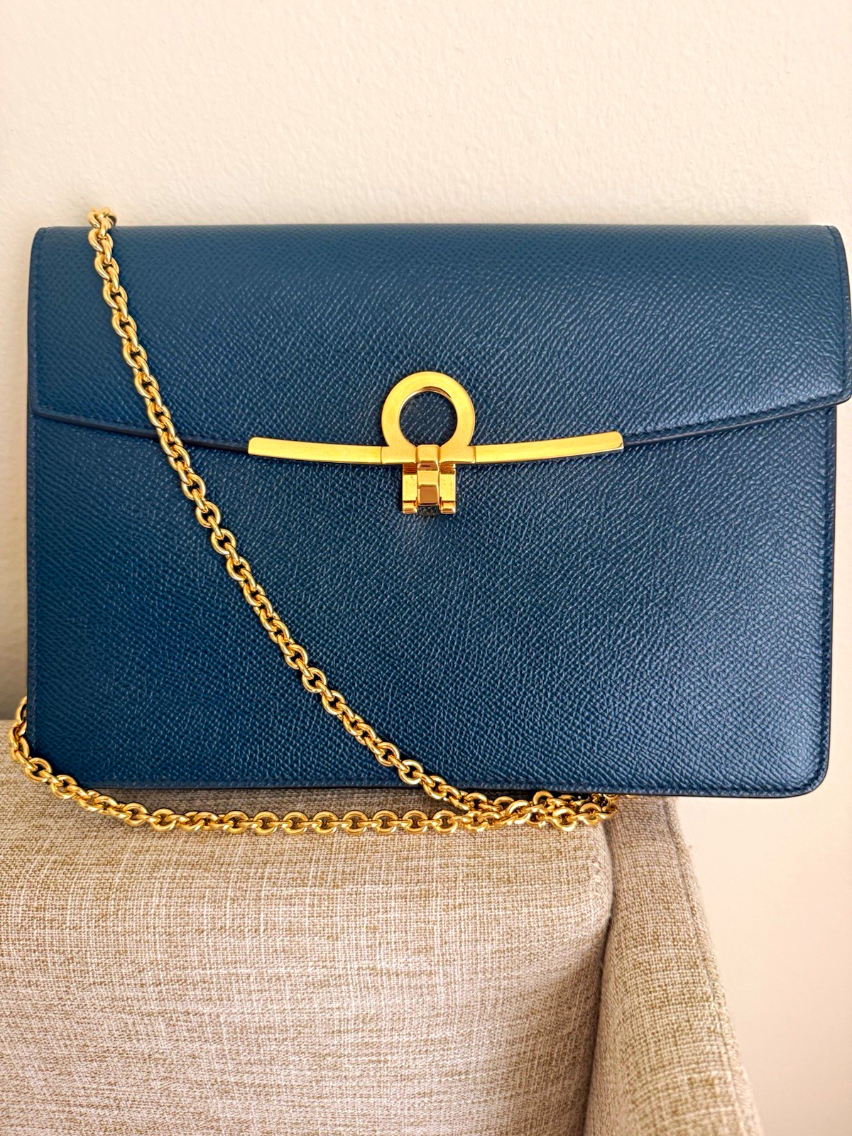 Salvatore Ferragamo Blue Chain Strap Shoulder Bag Gold Hardware Clasp w/ Dust