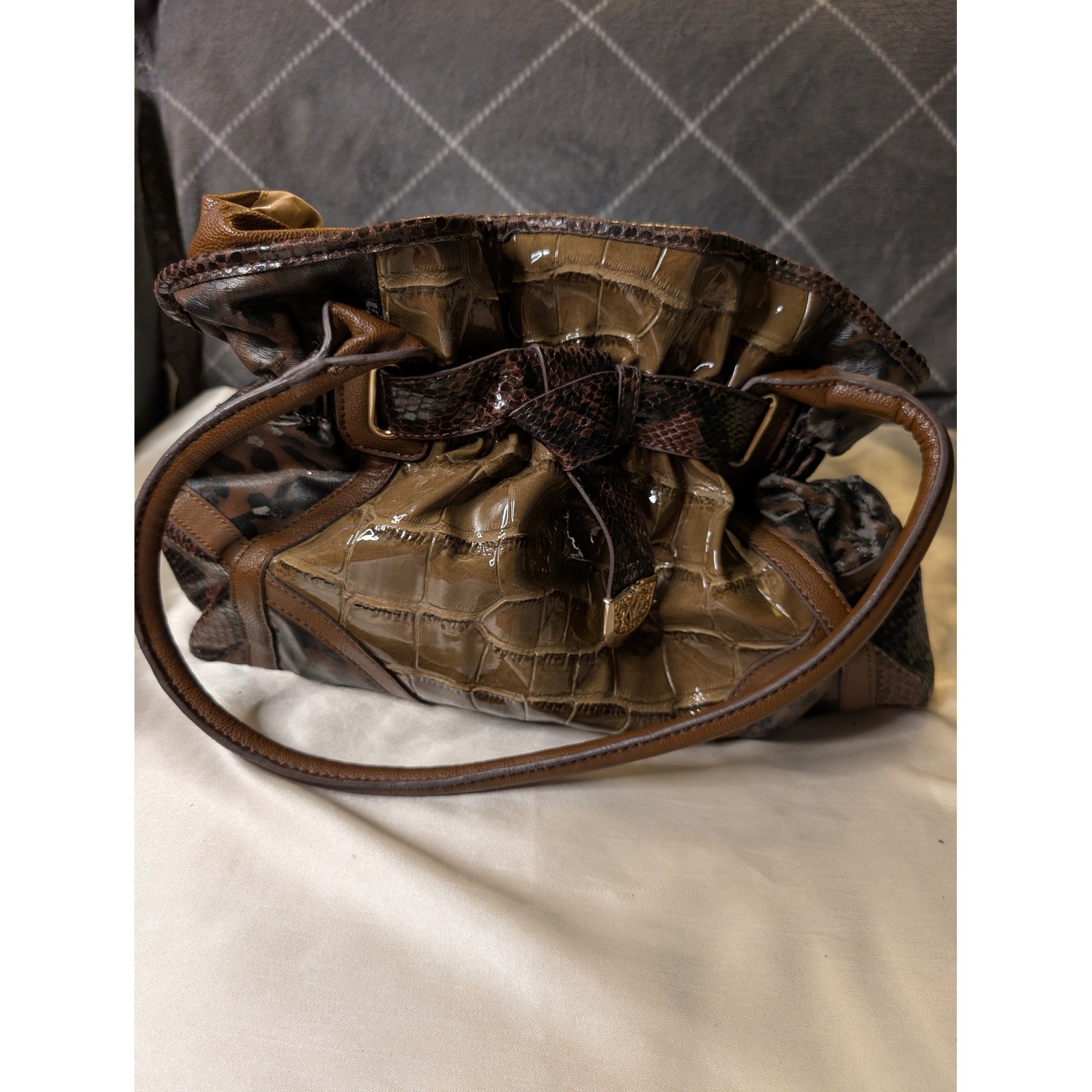 VTG Kathy Van Zeeland Bwn Croc Leopard Snake Print Mixed Media Hobo Shoulder Bag