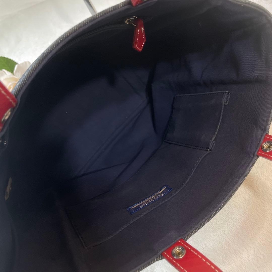 BURBERRY BLUE LABEL Denim Tote Bag Red Handles Cotton Canvas Women’s Handbag