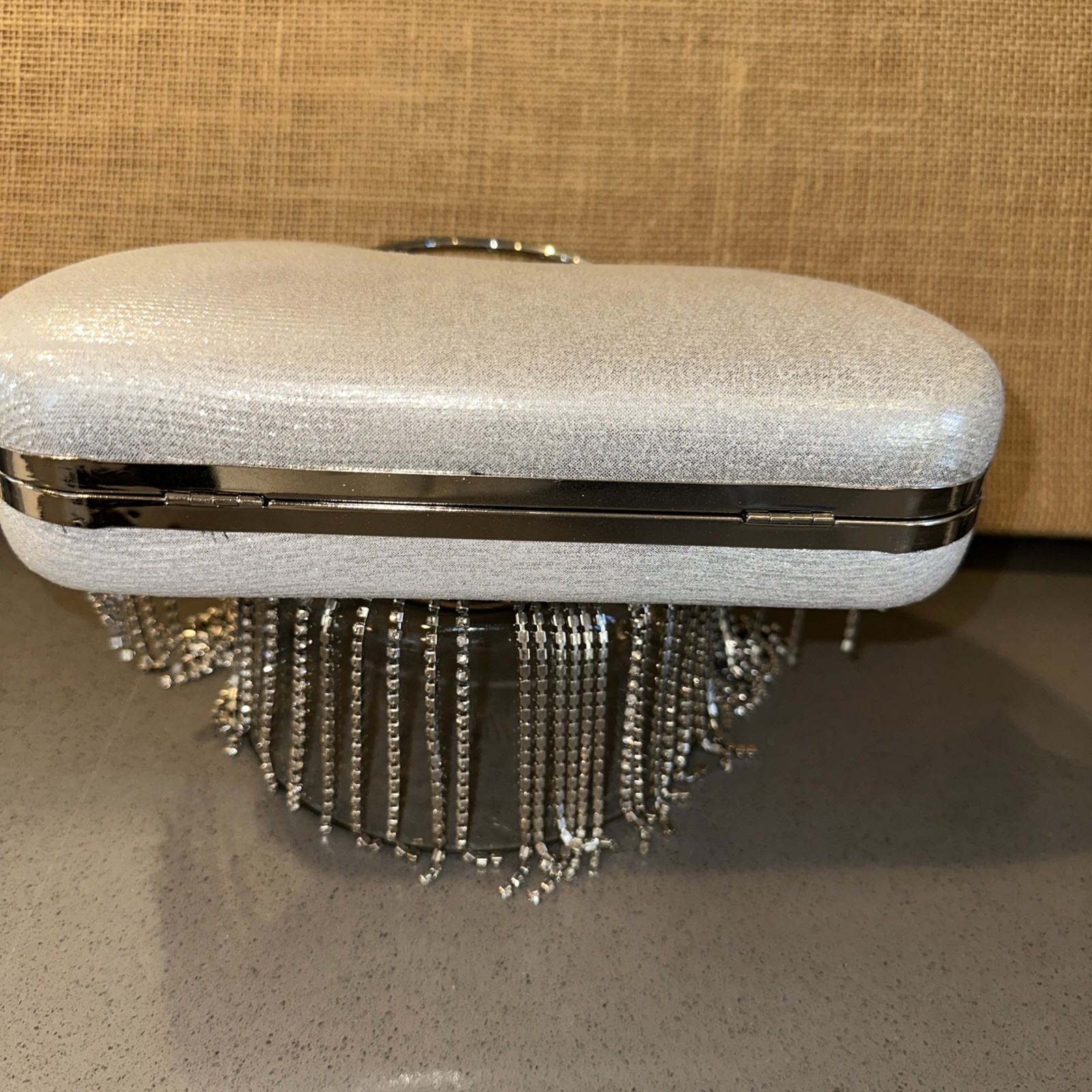 Silver-toned Rhinestone Fringe Clutch bag with a round Top Handle