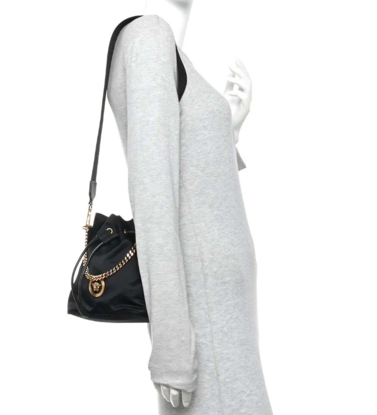 Versace La Medusa Black Small Bucket Bag Drawstring Gold Chain Detachable Strap.