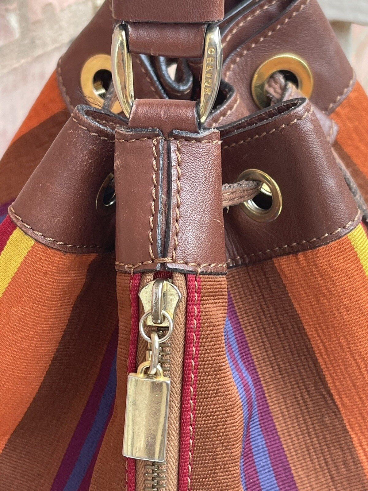 Vintage Céline Sangle Seau Striped Canvas Bucket Bag Crossbody Leather 1994 M94