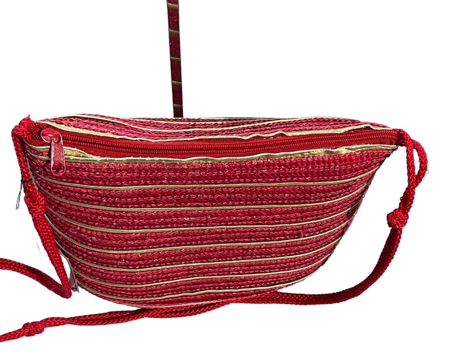 Warren Reed Woven Wicker Purse Bucket Bag Shoulder Red And Gold Zipped Vintage