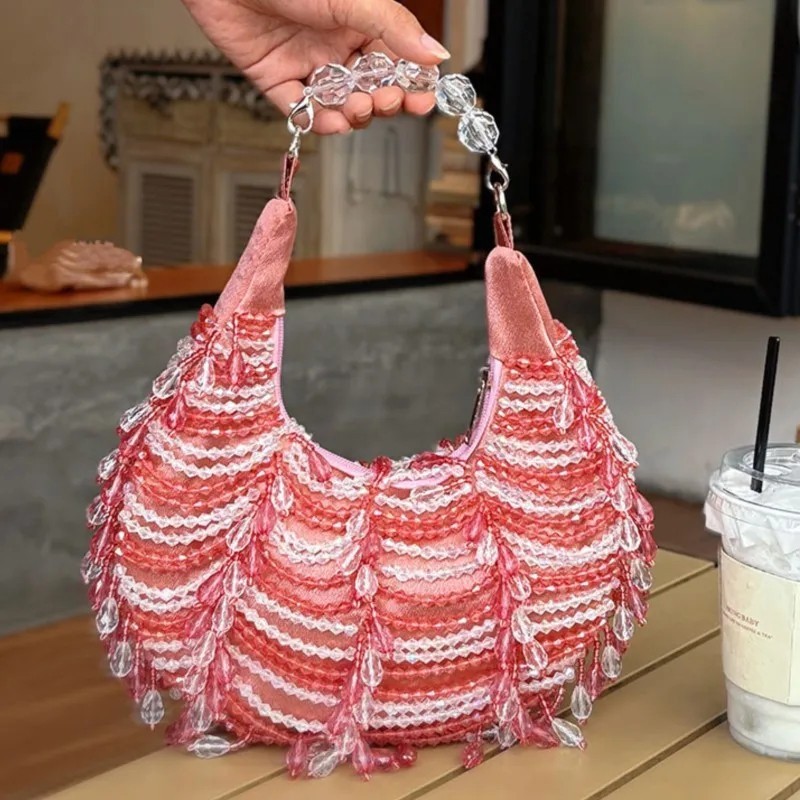 Pink Women’s Handmade Faux Pearl Beaded Bucket Bag Wedding Evening Purse