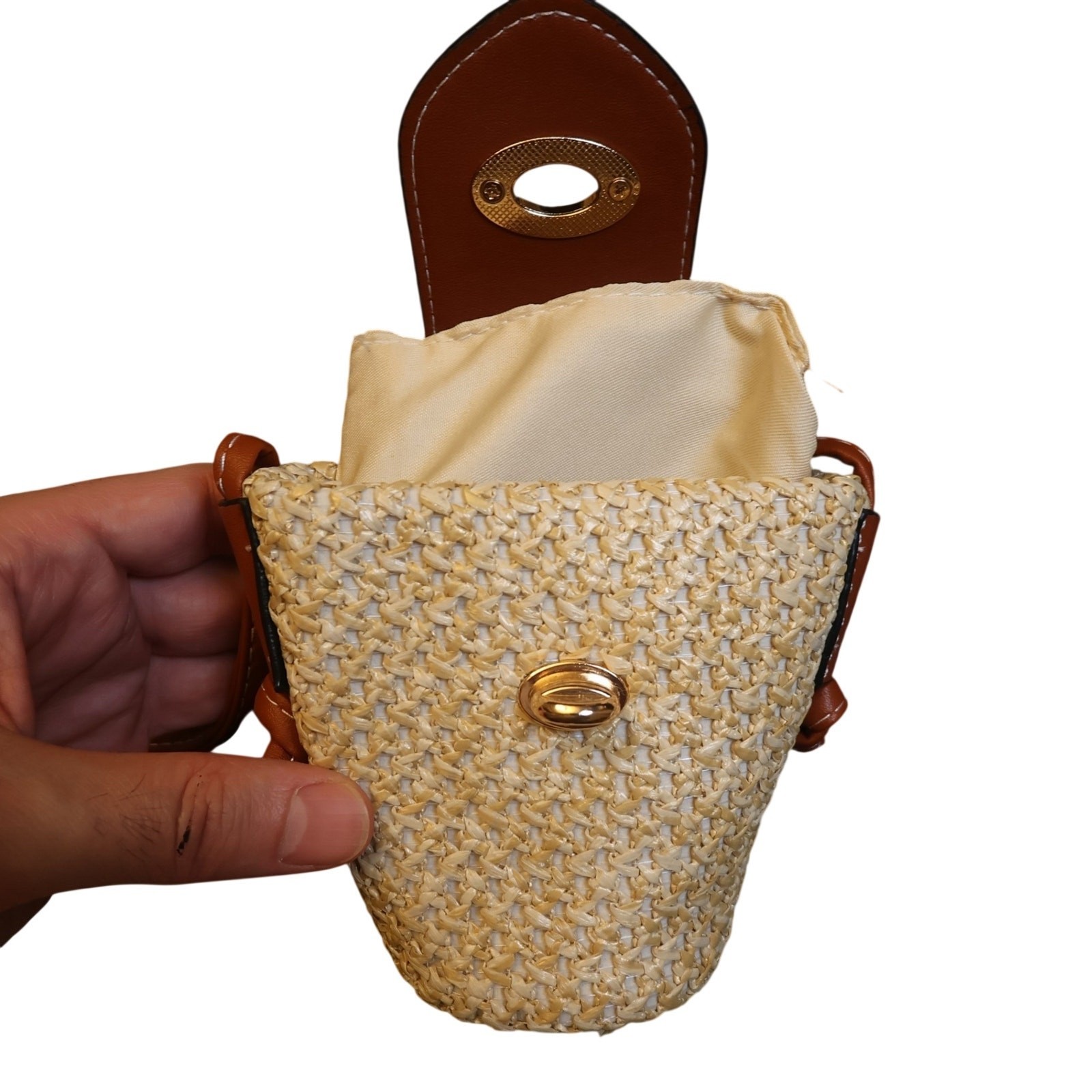 Raffia Woven Mini Crossbody Bag Turn Lock Brown Trim Straw Purse
