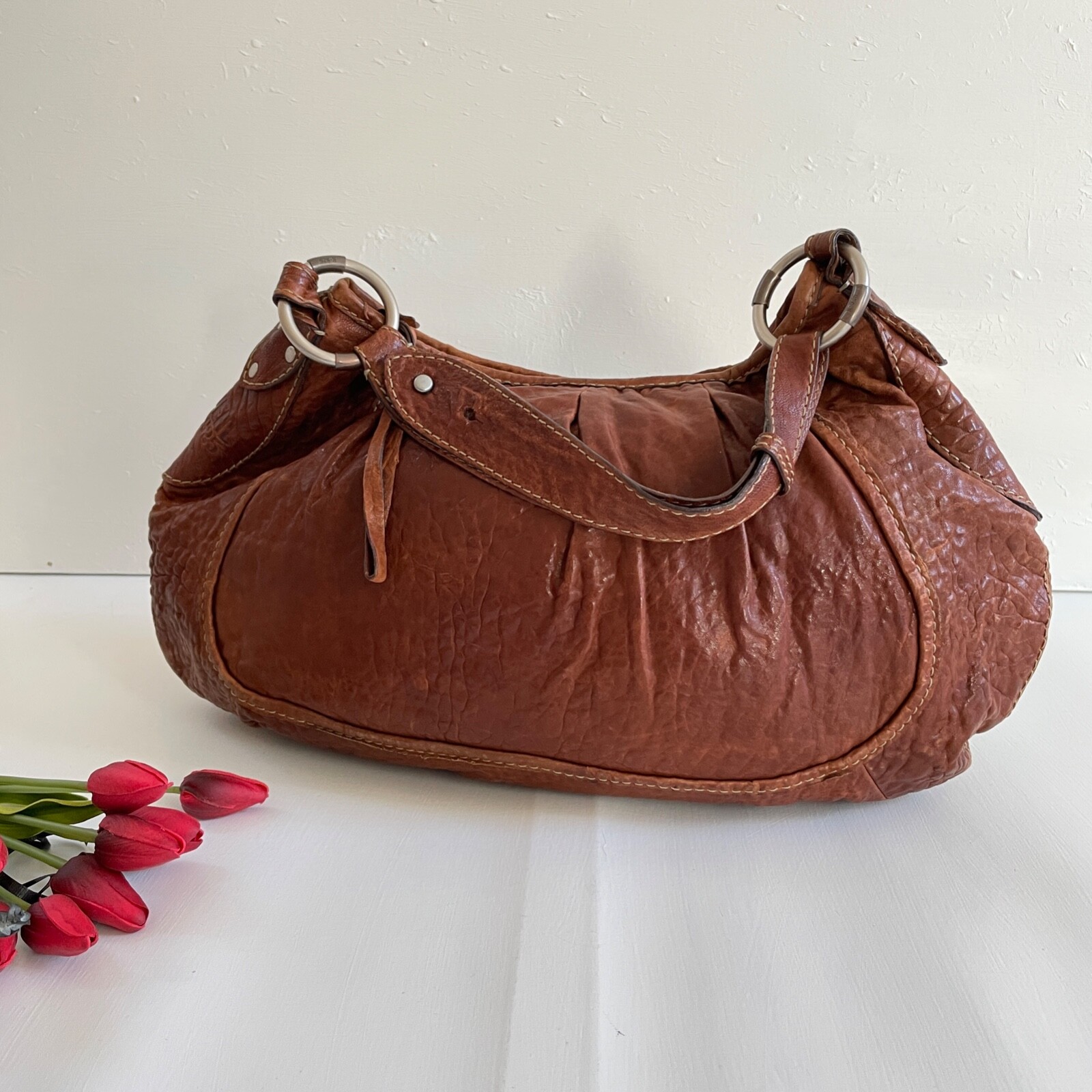 Y2K RUEHL Shoulder Handbag Leather Tote Large Brown Soft Bag Half Moon Hobo Boho