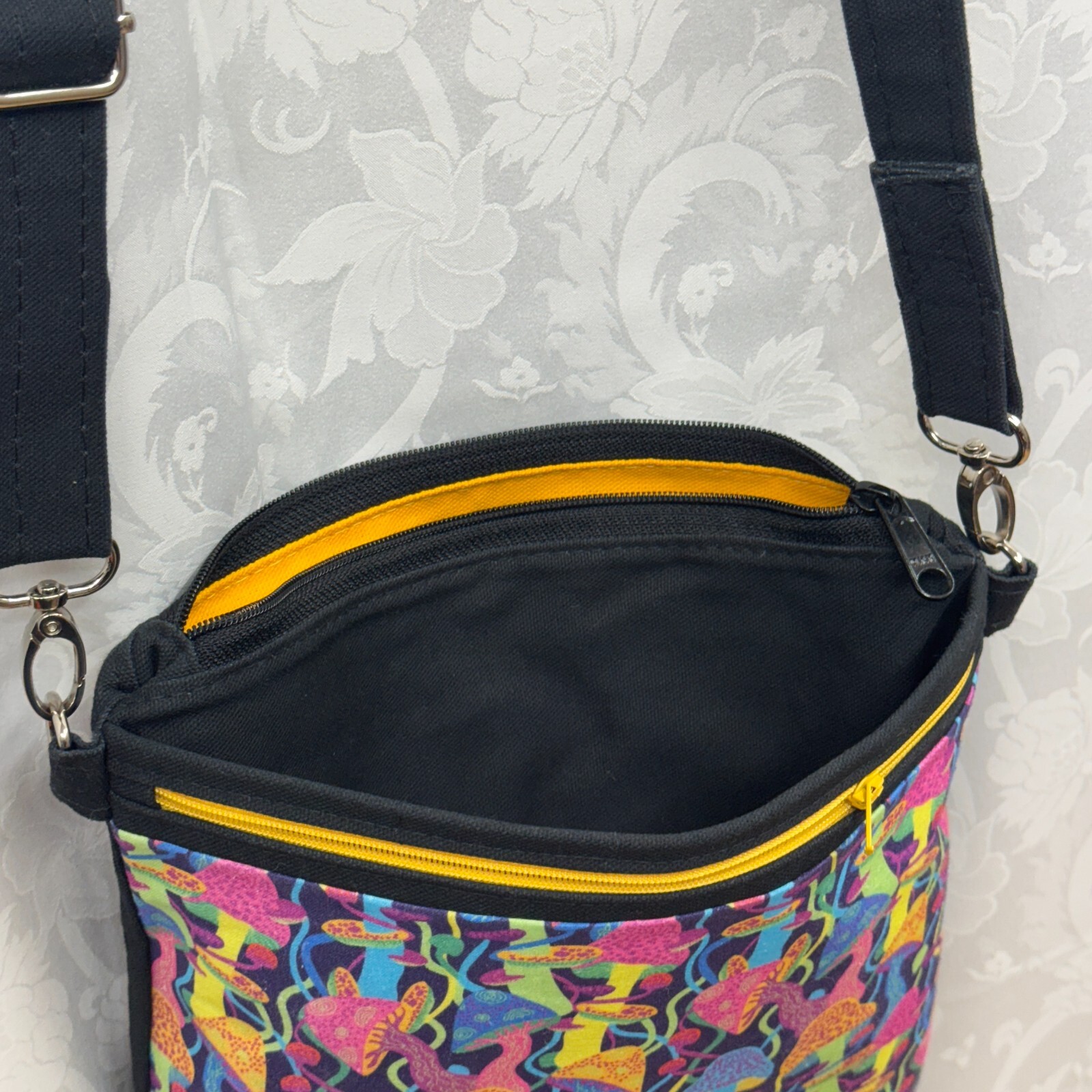 Mushrooms Crossbody Purse Bag Handmade Fabric Canavs Adjustable Strap, 3 pockets