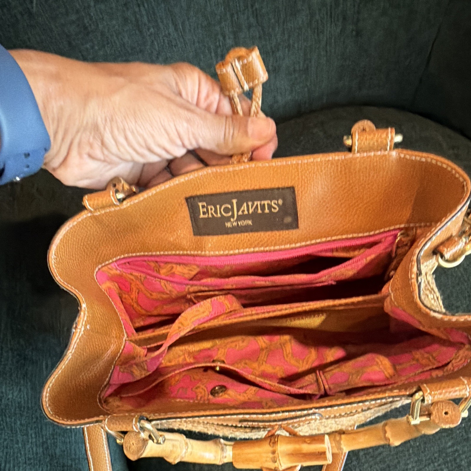 Eric Javits Tan Satchel Top Handle Bamboo Handles Snap Zip Gold Hardware Lined