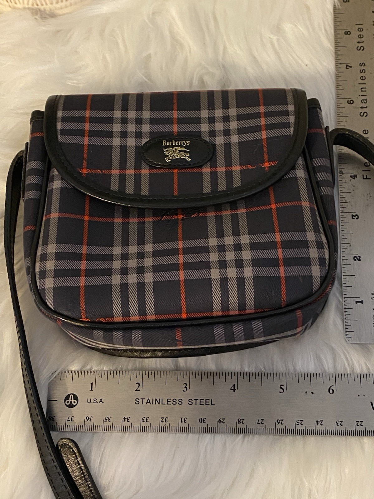 Burberrys Plaid Crossbody Bag Navy Gray Red Plaid Gold Hardware Snap Vintage