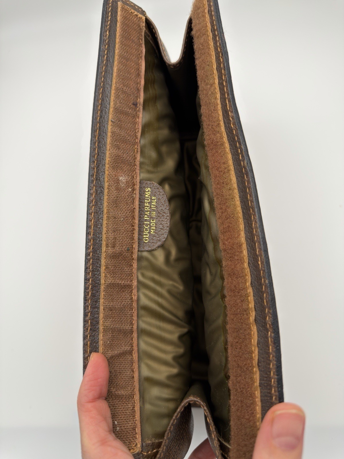 Authentic Gucci Vintage GG Supreme Clutch Web Stripe PVC Brown Classic