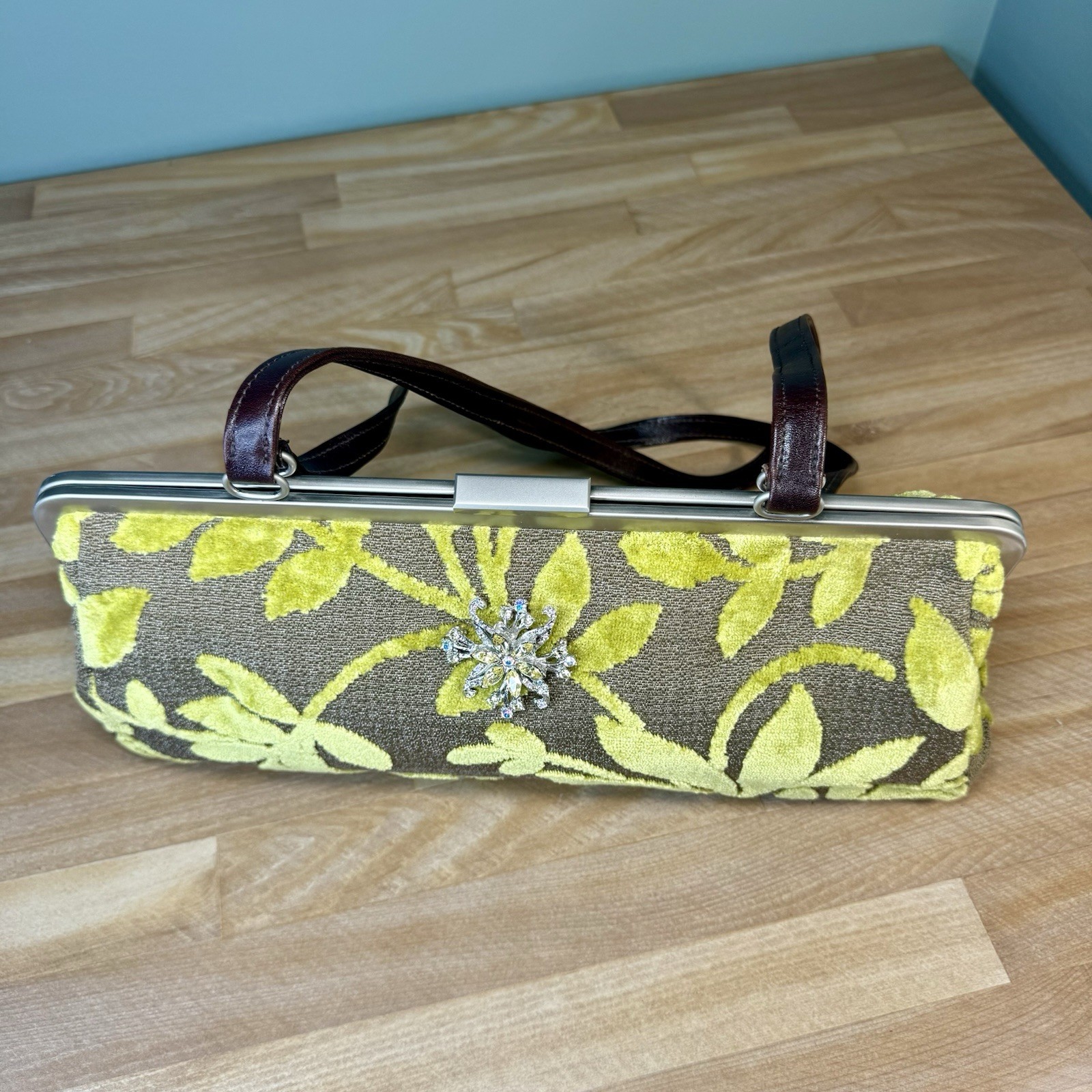 Glenda Gies Chenille Handbag Green Leaves Gray Clutch Brooch Leather Purse RETRO