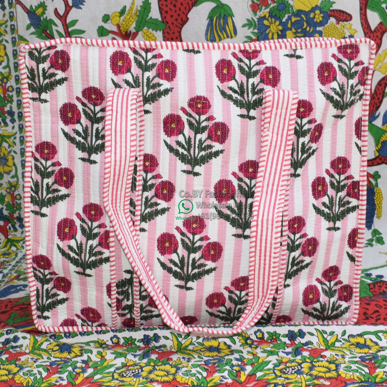 Quilted Cotton Market Bag Block Print Tote Quilted Pink Stripes Floral Handbag