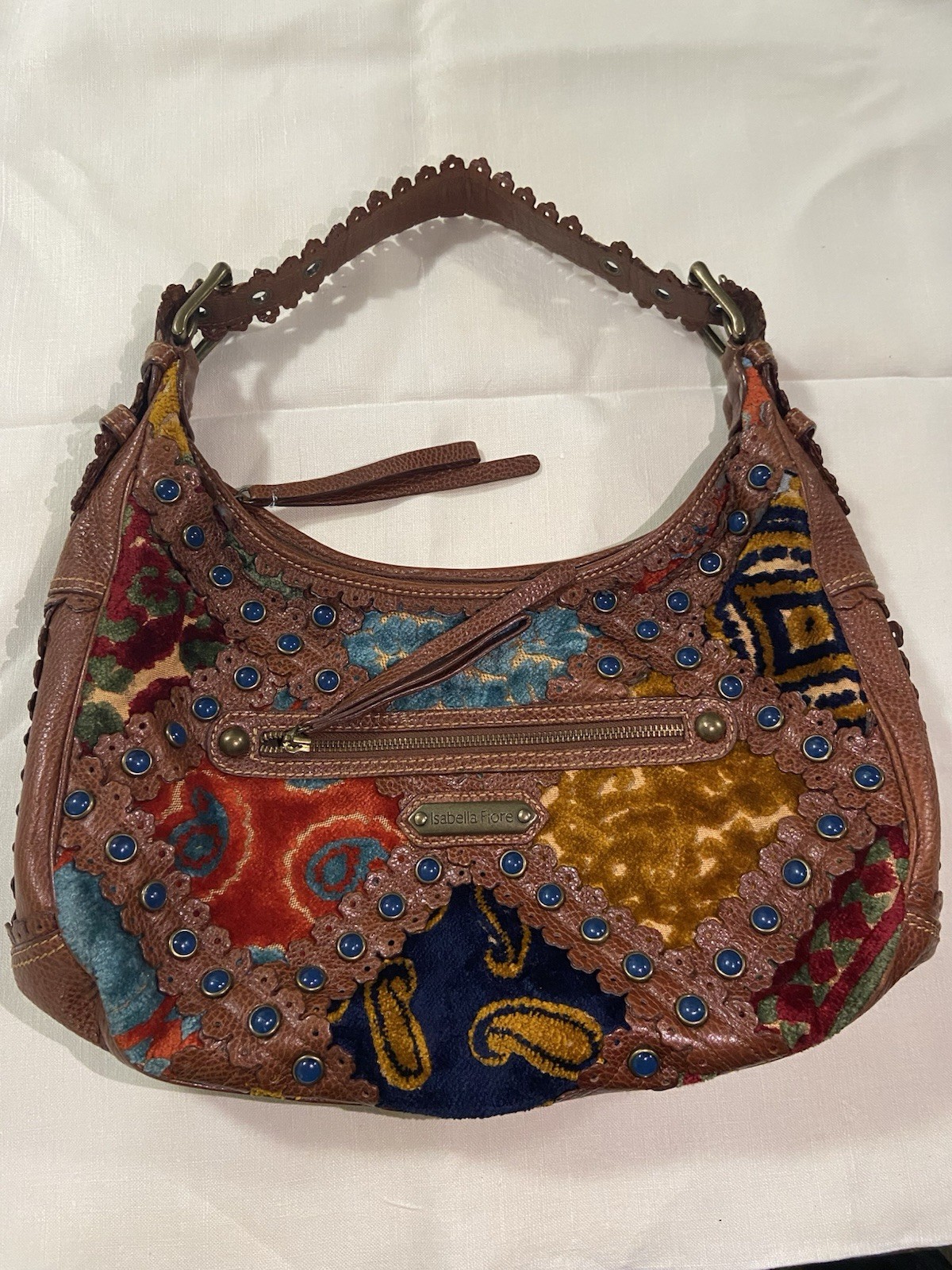 Isabella Fiore Vintage Y2K Hobo Bag Velvet Patchwork Studded Leather Shoulder
