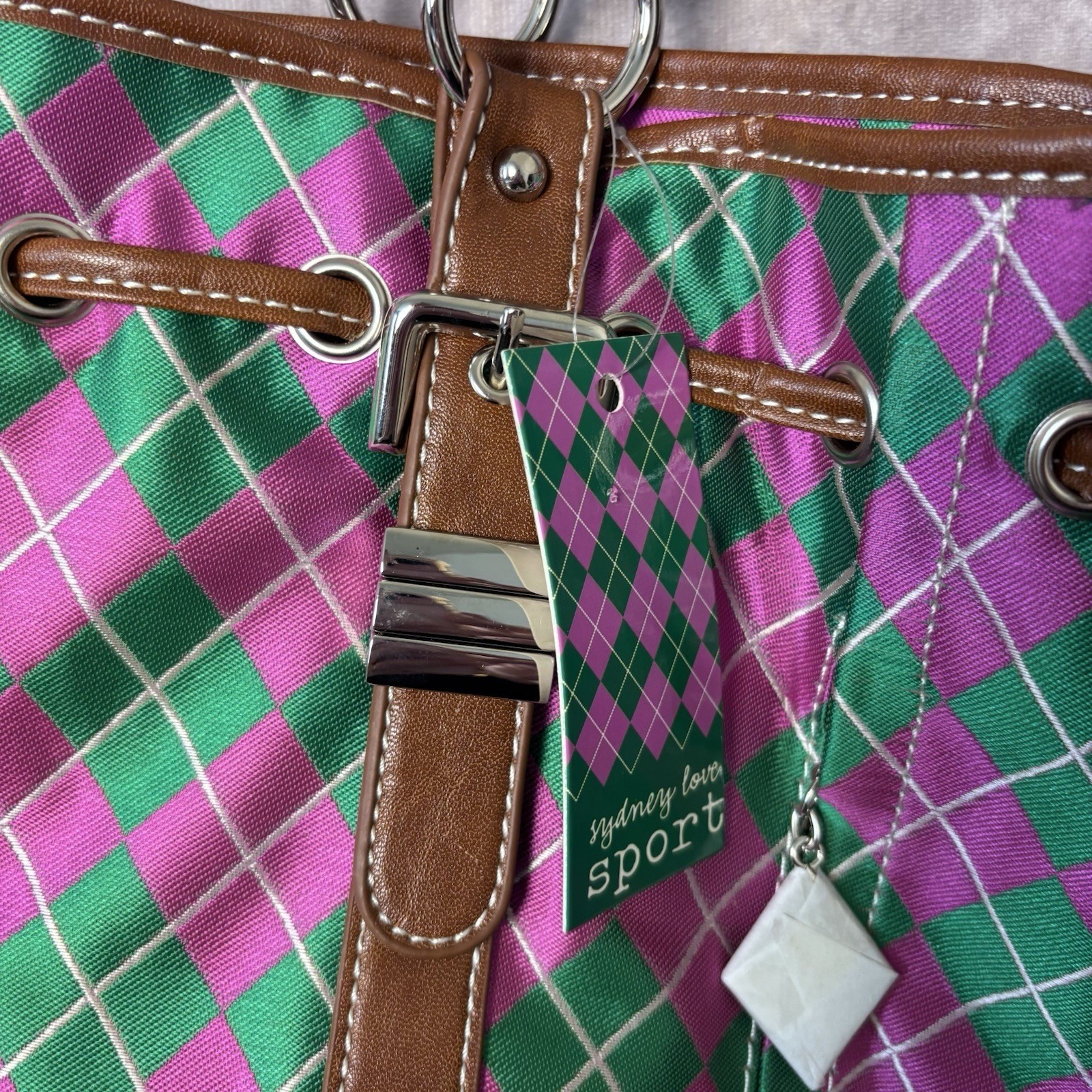 SYDNEY LOVE ARGYLE DRAWSTRING TOTE SHOULDER BAG PINK/GREEN ONE SIZE