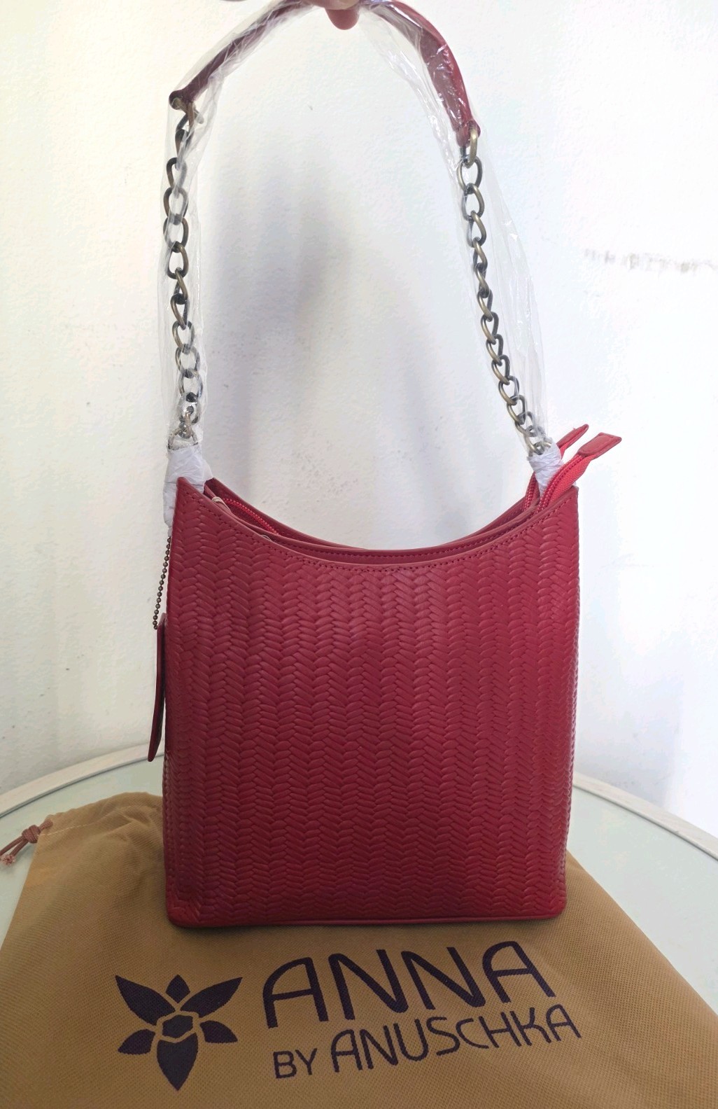 ANUSCHKA Red Woven Genuine Leather Top Zip Bucket Shoulder Bag Crossbody Purse