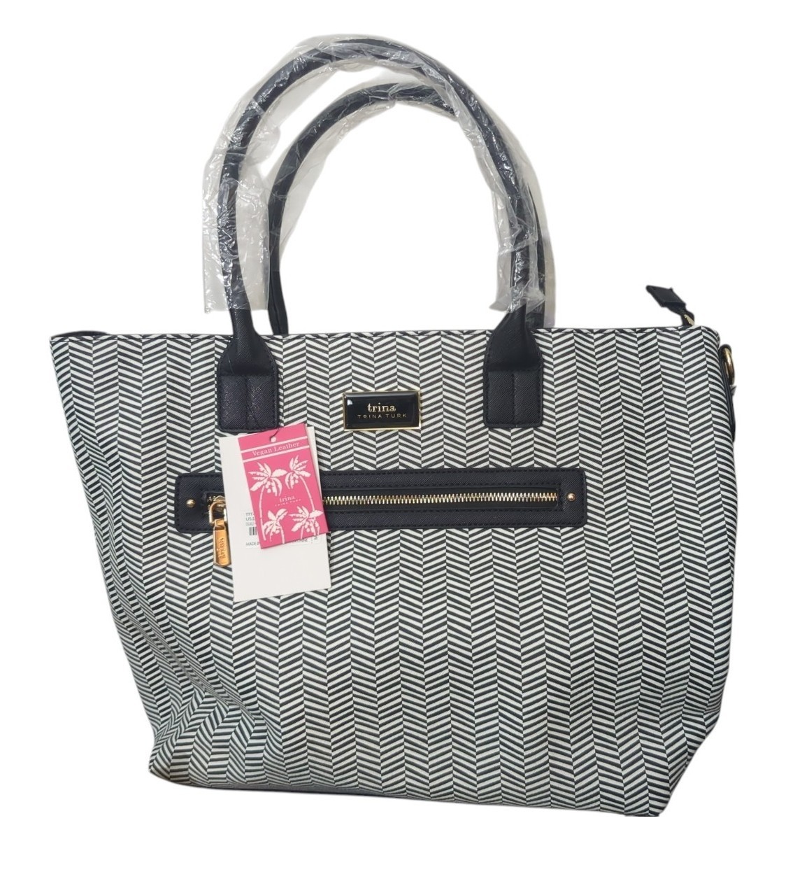 Trina Turk Handbag Tote Large Shoulder Bag Black/White Chevron NWT $148 Read