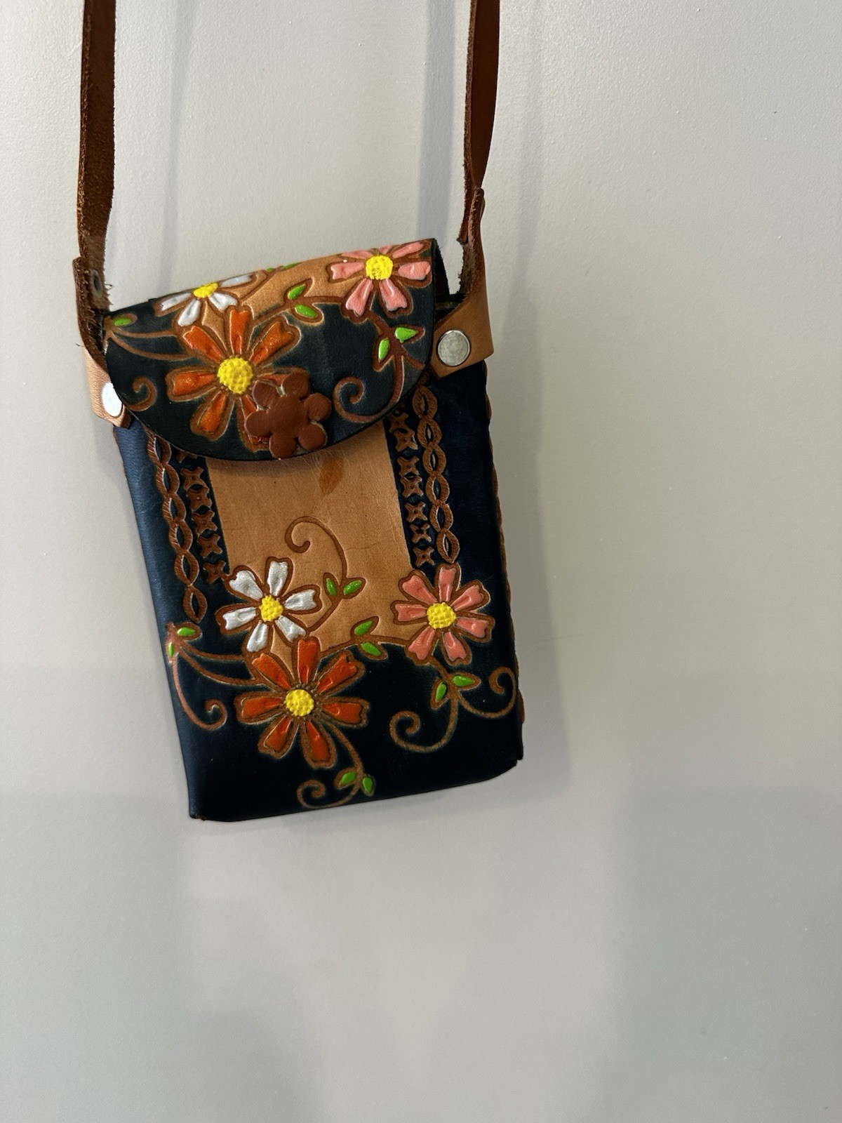 Floral Stitching Crossbody Purse Black/Brown Rectangle Silver Hardware Women’s