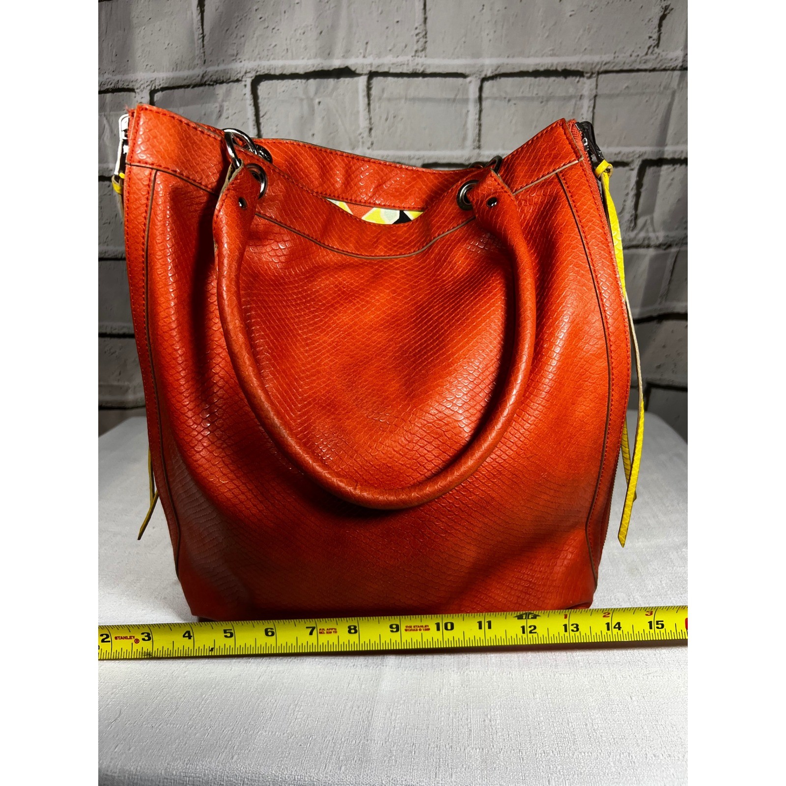 Reversible Orange Faux Snakeskin Embossed Tote Bag Geometric Pattern with Pouch