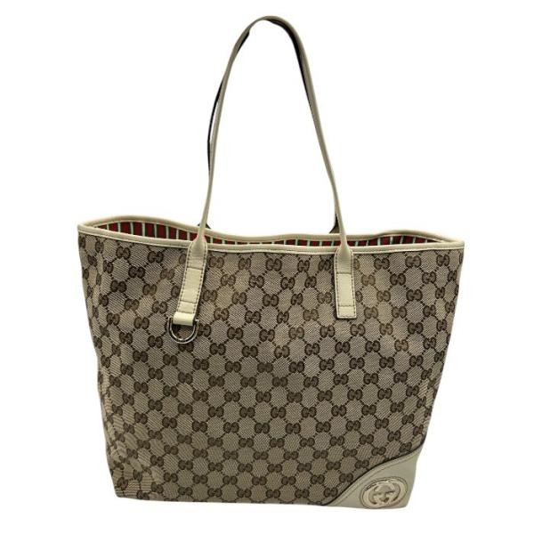 GUCCI GG Canvas New Brit Tote Bag Pattern double G Beige X Brown 169945 W4 Used