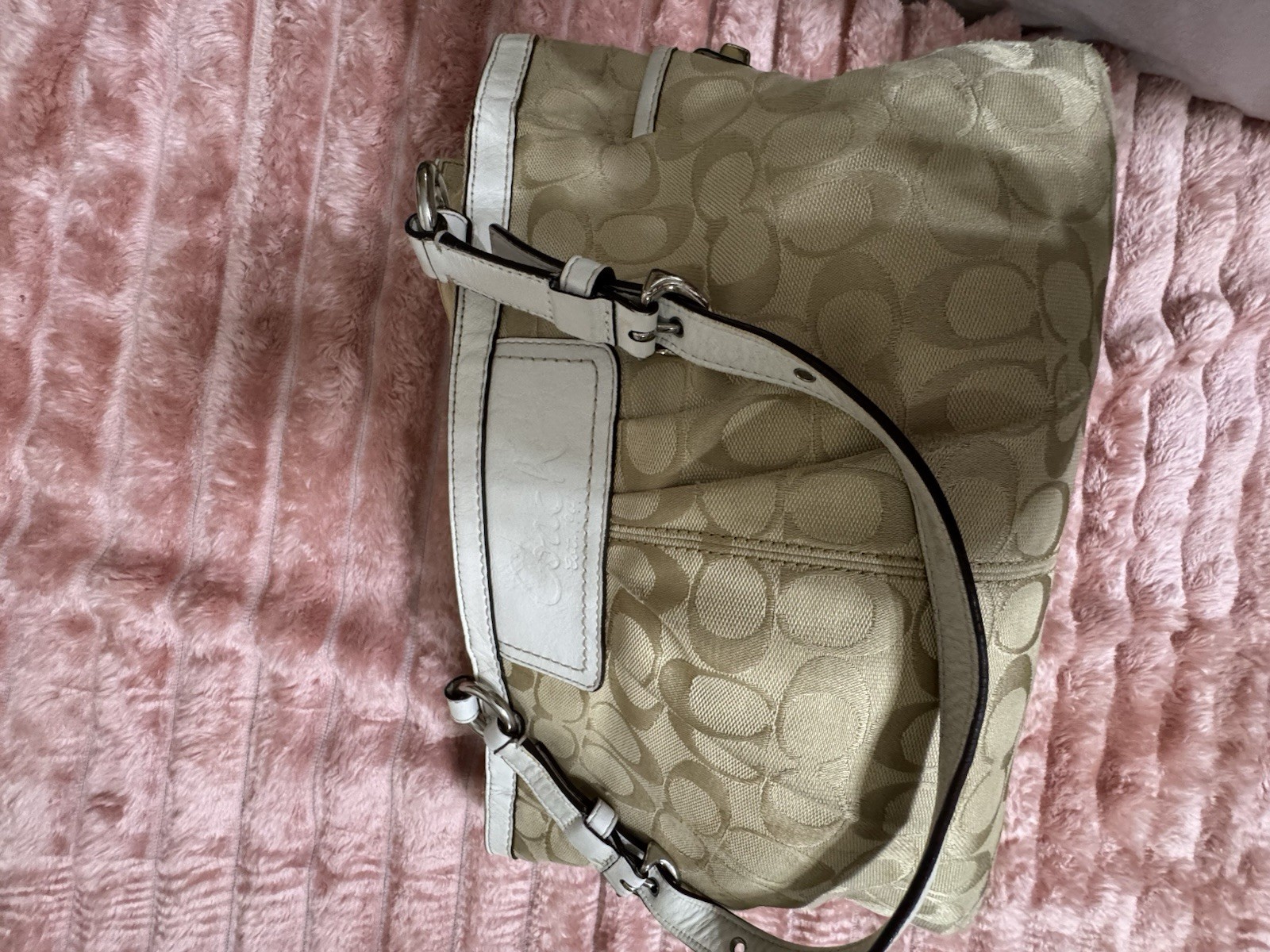 Coach Signature Canvas Shoulder Tote Bag Khaki Ivory Leather Trim F17435