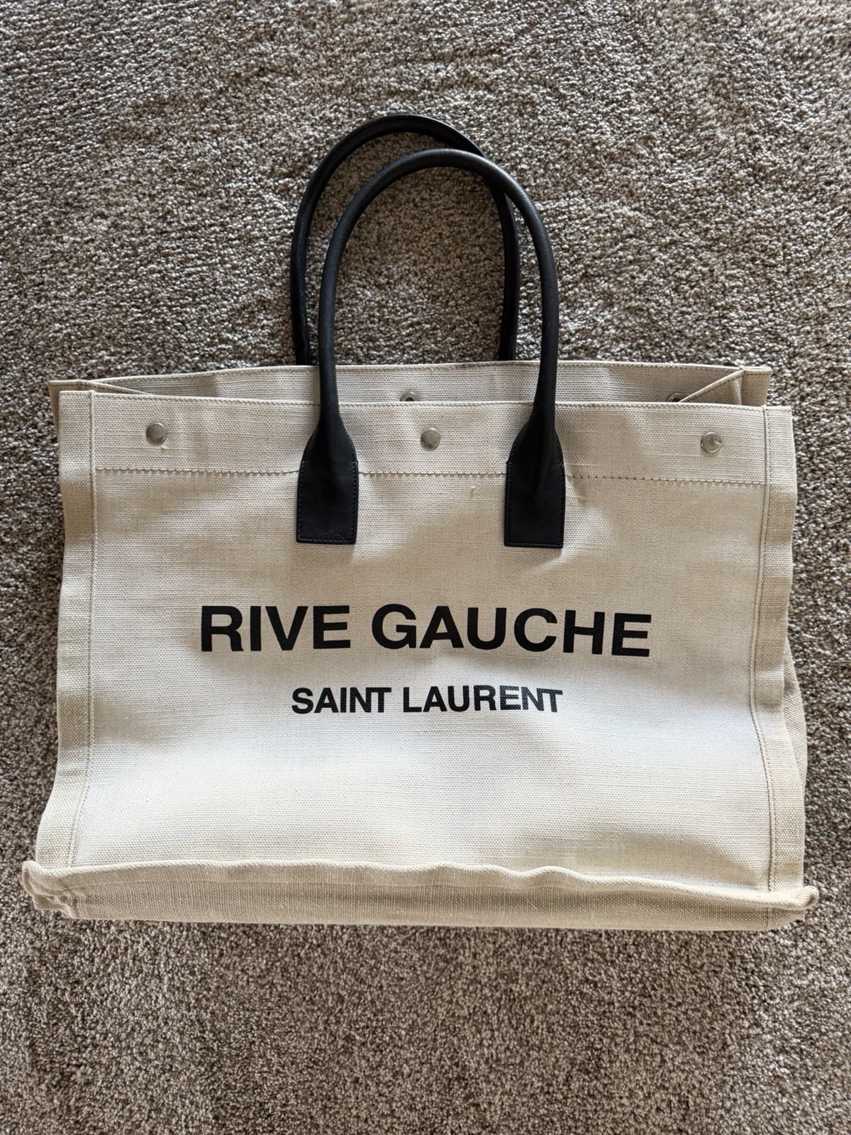 Saint Laurent Rive Gauche Tote Beige Black Double Handles Zip/Snap Inner Pkt