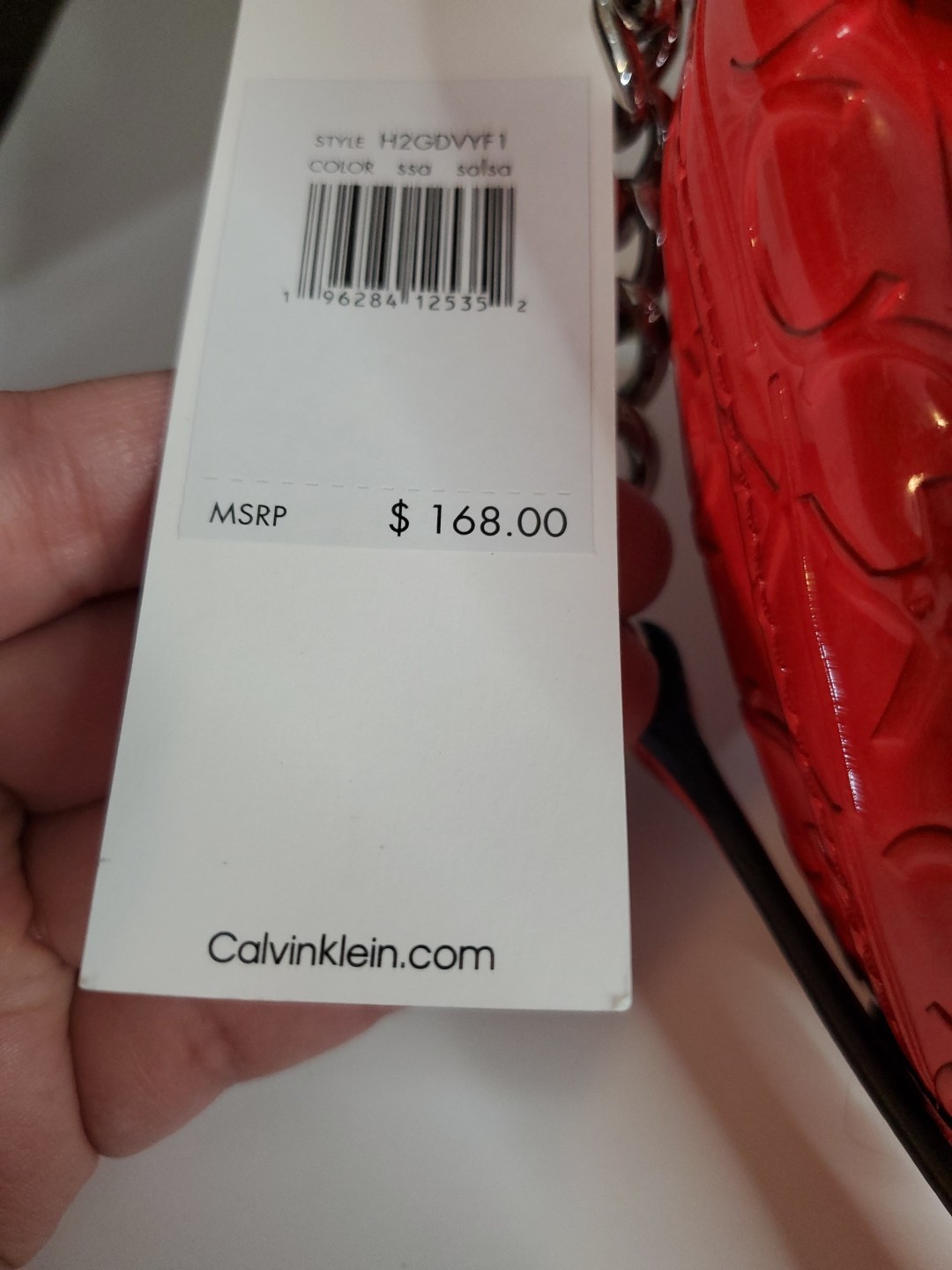 Calvin Klein Red Patent Leather Crossbody Bag Purse Embossed Logo Chain Strap