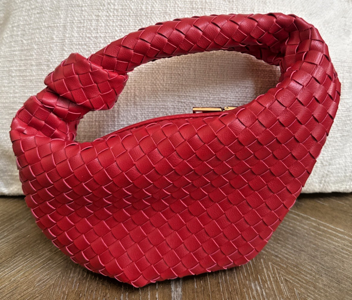 Melie Bianco Brigitte Woven Small Satchel Bag Faux Leather Red