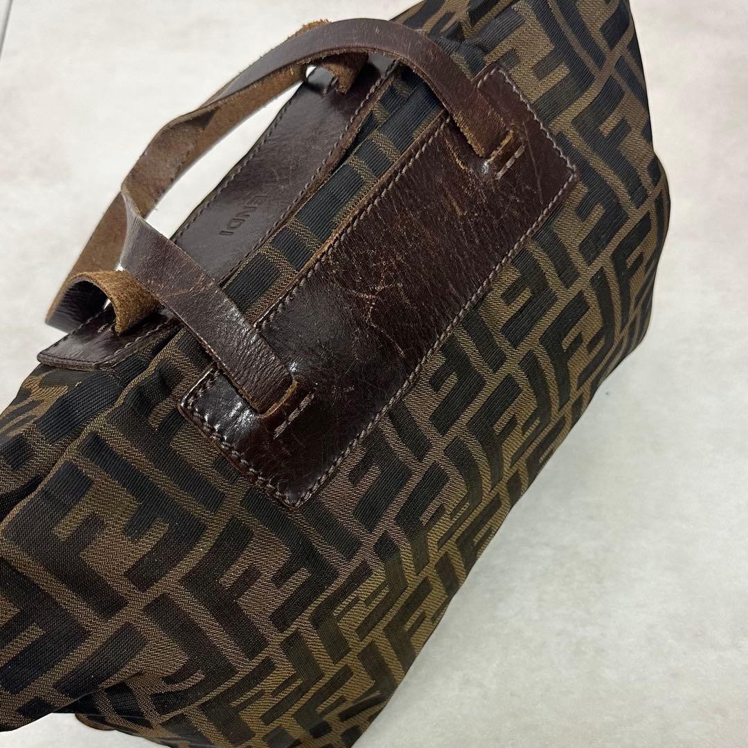 FENDI Zucca FF Tote Hand Bag Ziplock Leather Canvas Brown Beige Silver Hardware