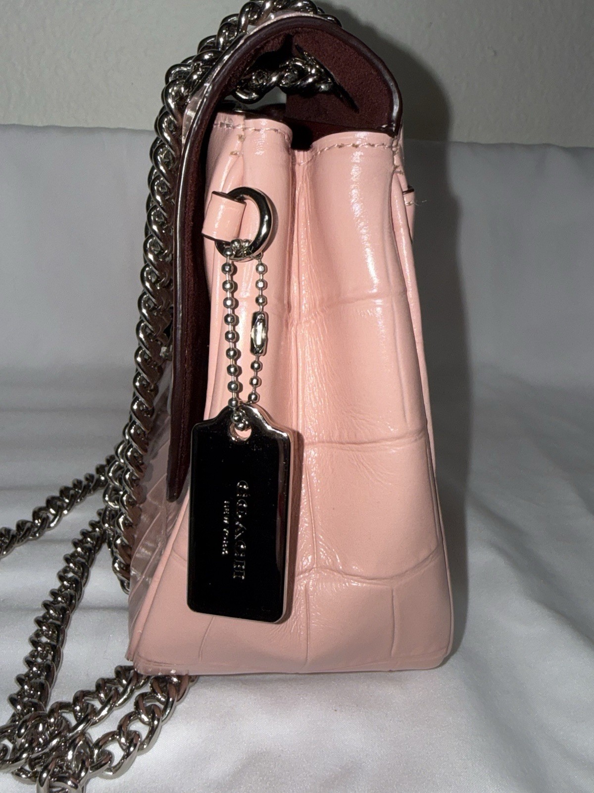 Coach Pink Hutton Croc Embossed Shoulder Bag Silver Chain Strap Turn Lock