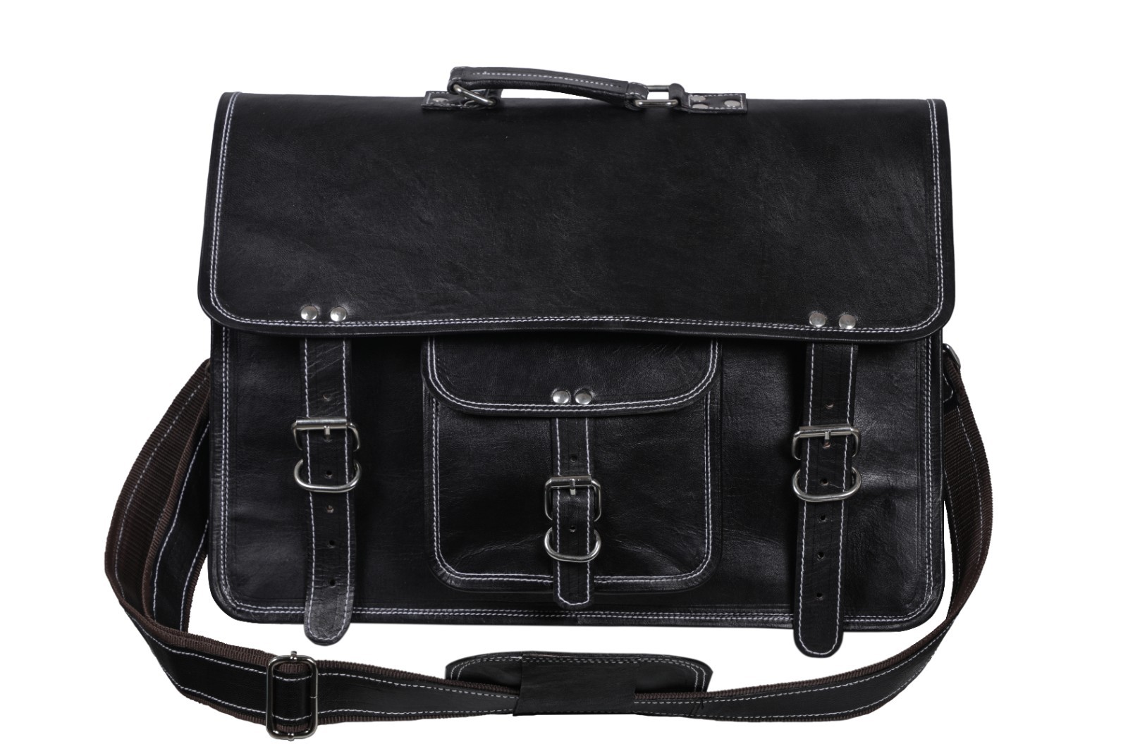 18inch Genuine Vintage Black Leather Messenger Bag Shoulder Laptop Bag Briefcase