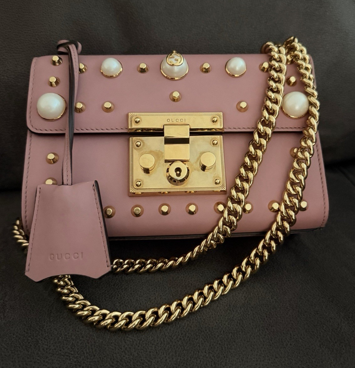 Gucci Padlock Pink Studded Pearl Chain Strap Lock Crossbody Bag Small