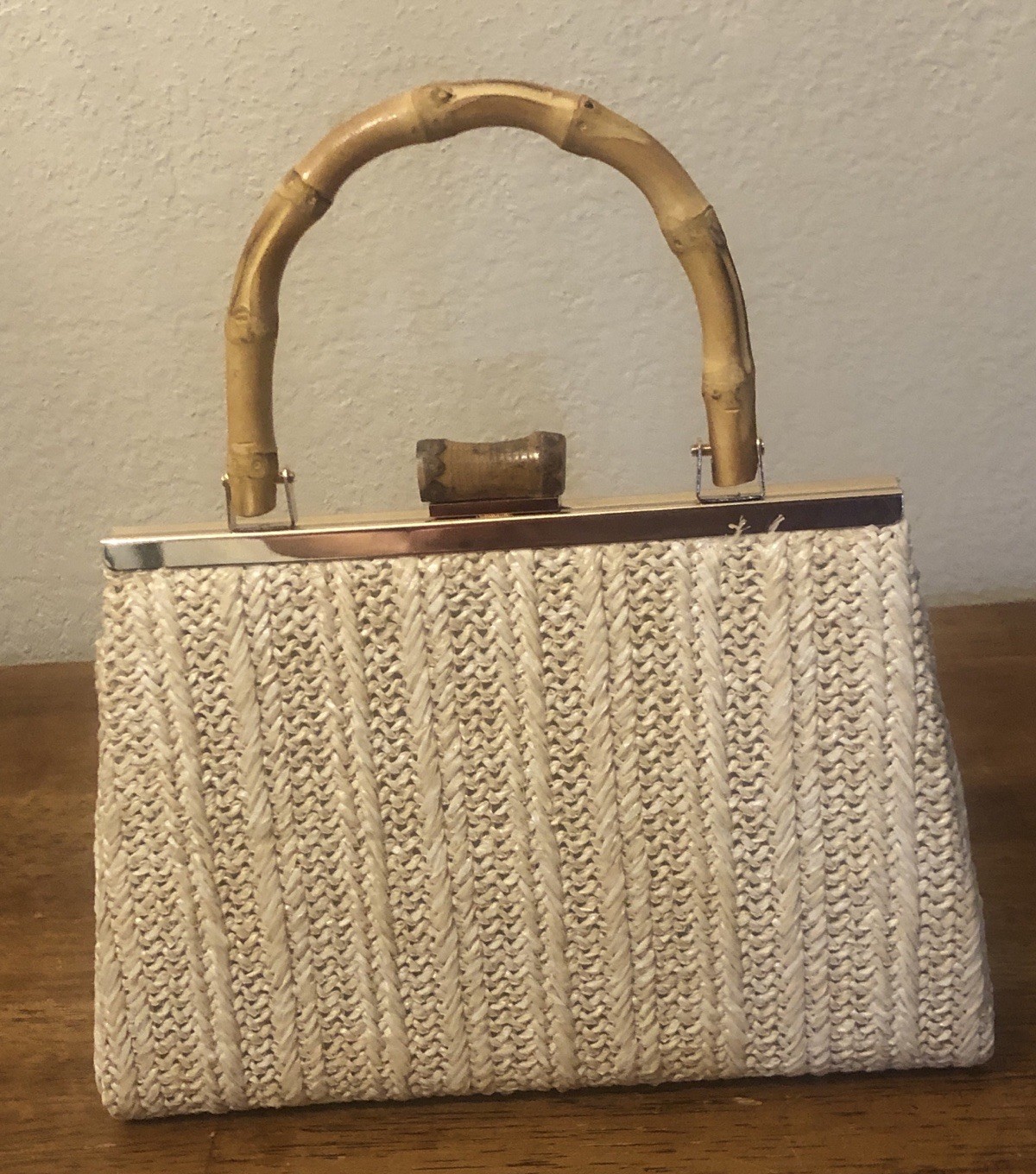 Woven Straw Clutch Purse With Bamboo Top Handle Cream Raffia
