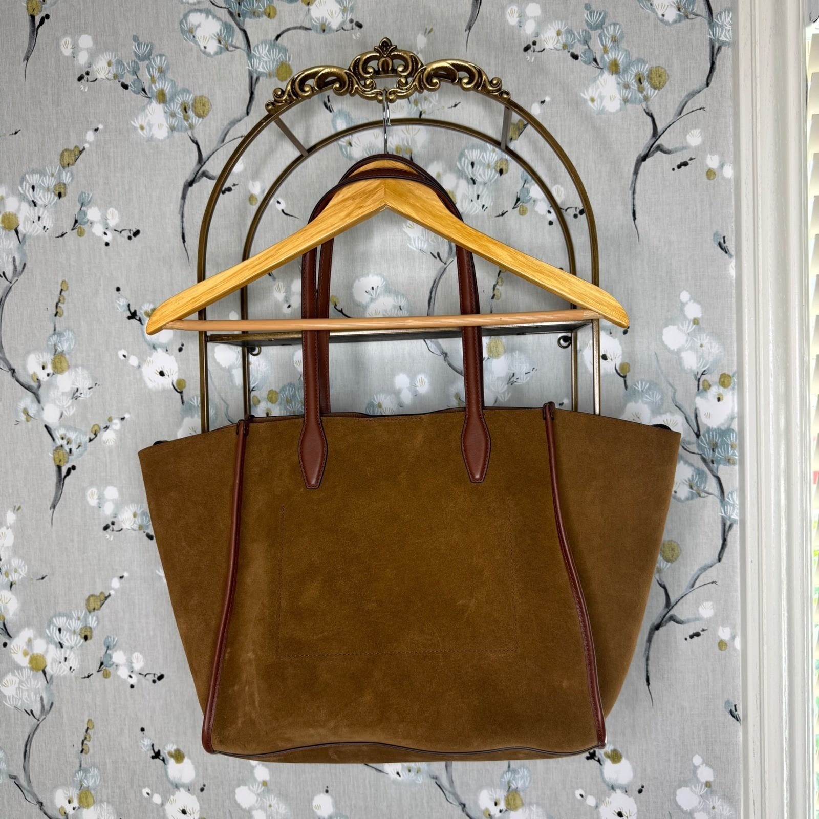 Madewell Sydney Tote Bag Brown Suede Leather Trim Large Winged Carryall