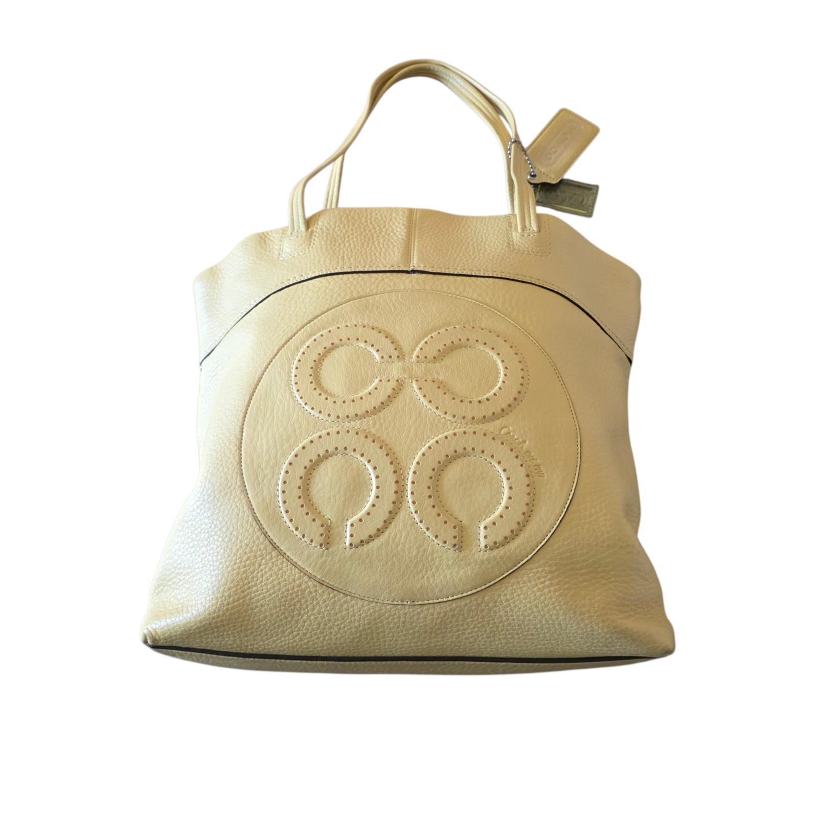 Coach Julia Perry Tote Butter Yellow Pebbled Leather Large Op Art Logo Handbag