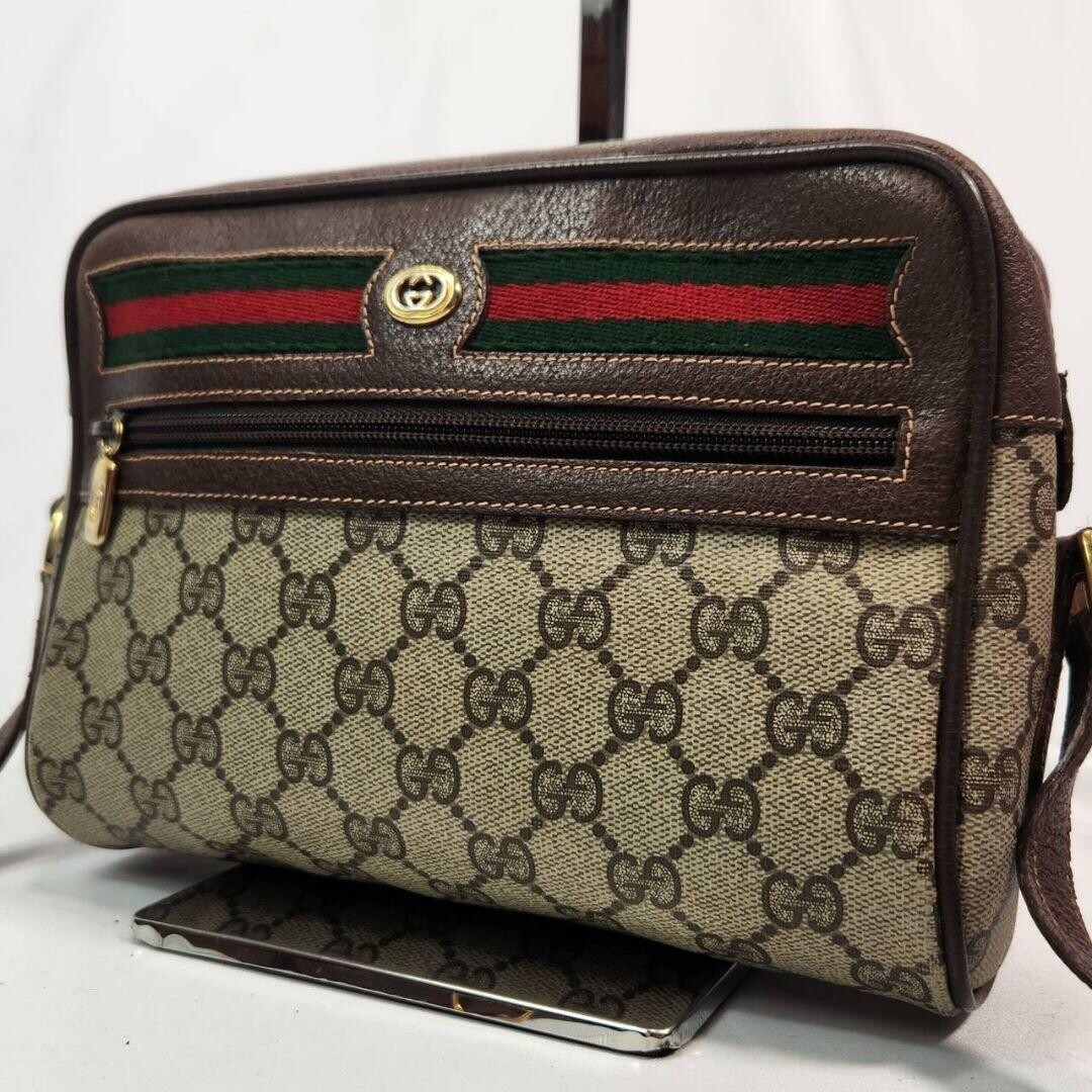 GUCCI Shoulder bag GG Web stripe leather brown Vintage Authentic From Japan