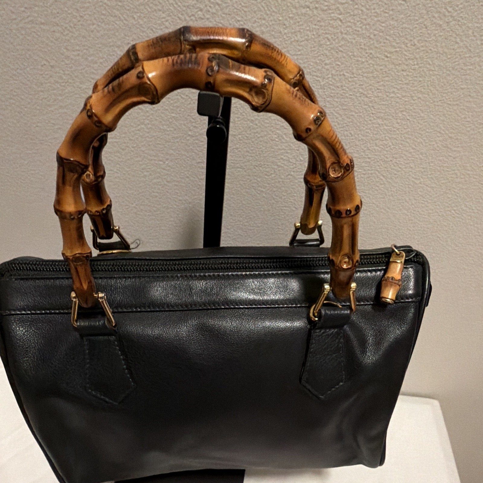 Gucci Black Satchel Top Handle Bag Bamboo Handles Zip Detachable Strap Gold
