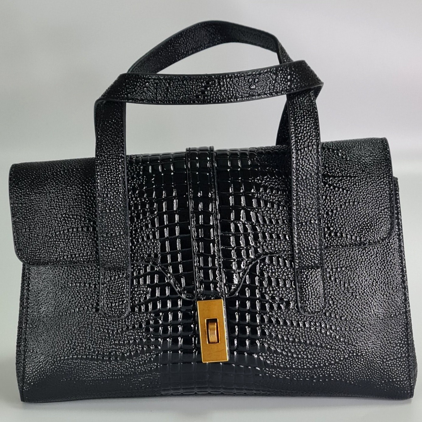 Black Croc Embossed Satchel Top Handle Shoulder Crossbody Bag Gold Turn Lock