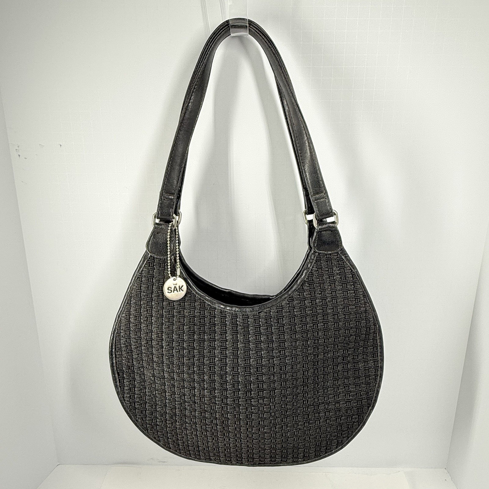 The Sak Woven Shoulder Bag Black Basket Weave Cotton Paper Faux Leather Boho