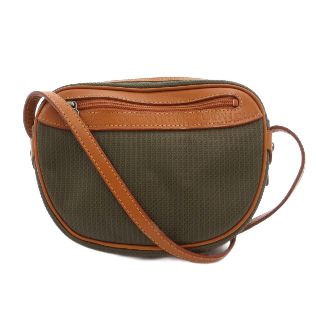CHARLES JOURDAN Khaki Brown Leather Shoulder Bag AB Vintage 15x4cm 130cm Strap