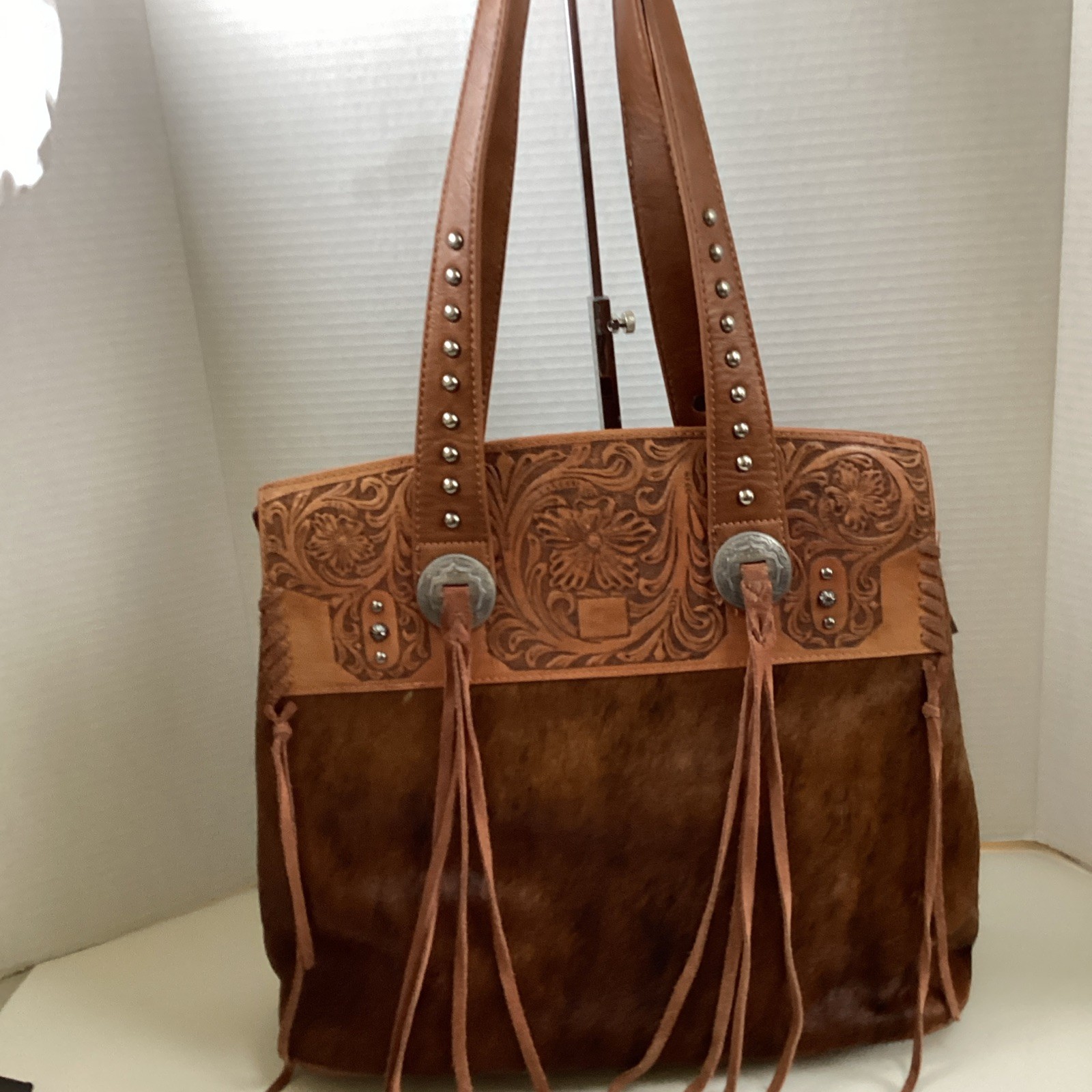 Trinity Ranch Hair-On Hide Fur FauxLeather Brown Stud Tooled Purse Bag Tote