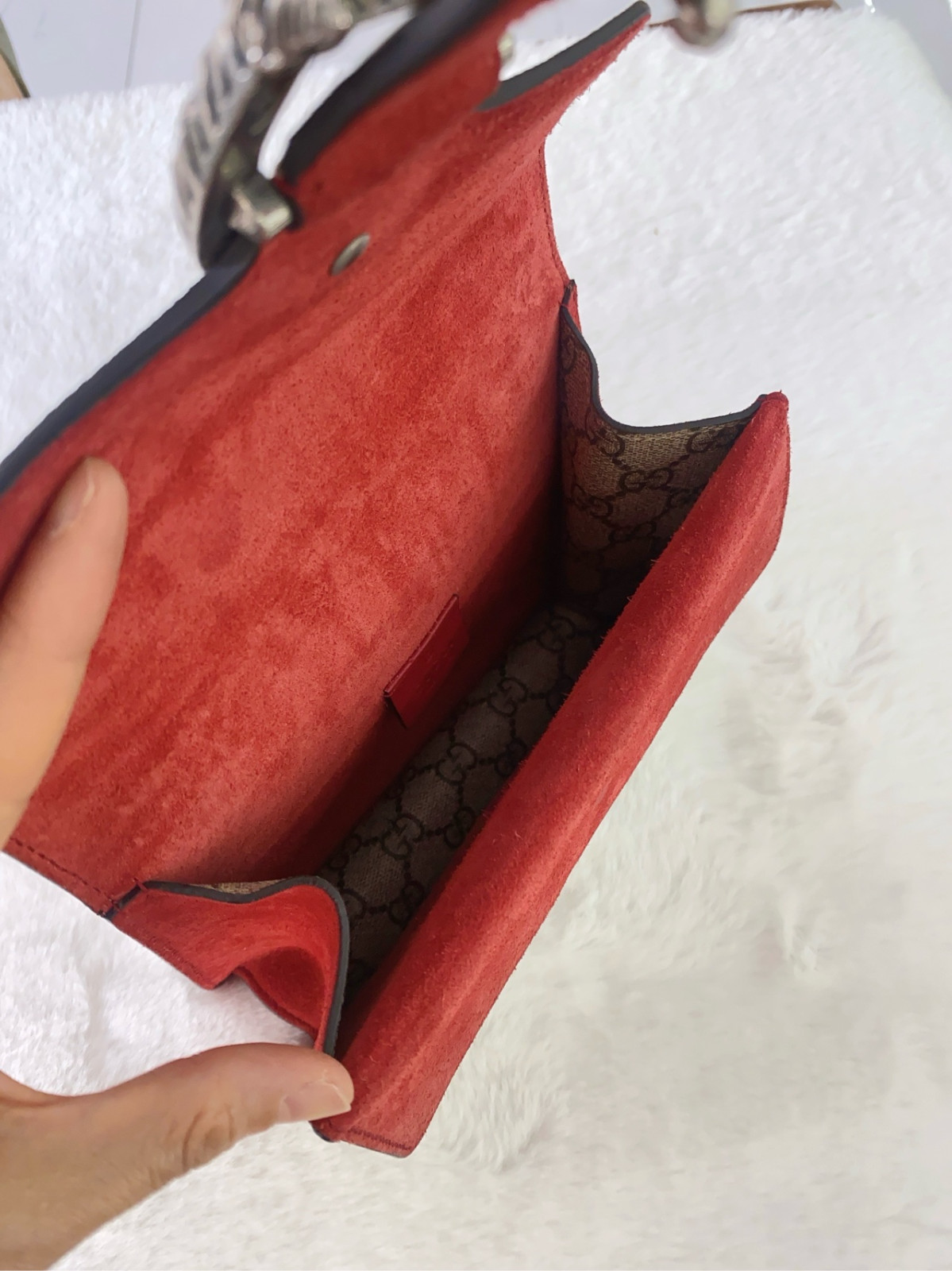 Authentic Gucci Dionysus Small Coated Canvas and Suede Shoulder Bag Beige/Red
