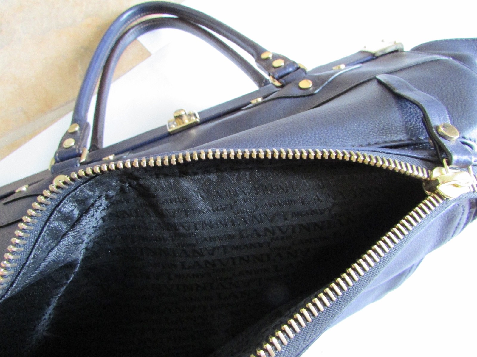 $3150 LANVIN Navy Blue Leather Magnetic Top Frame Tote-Bag