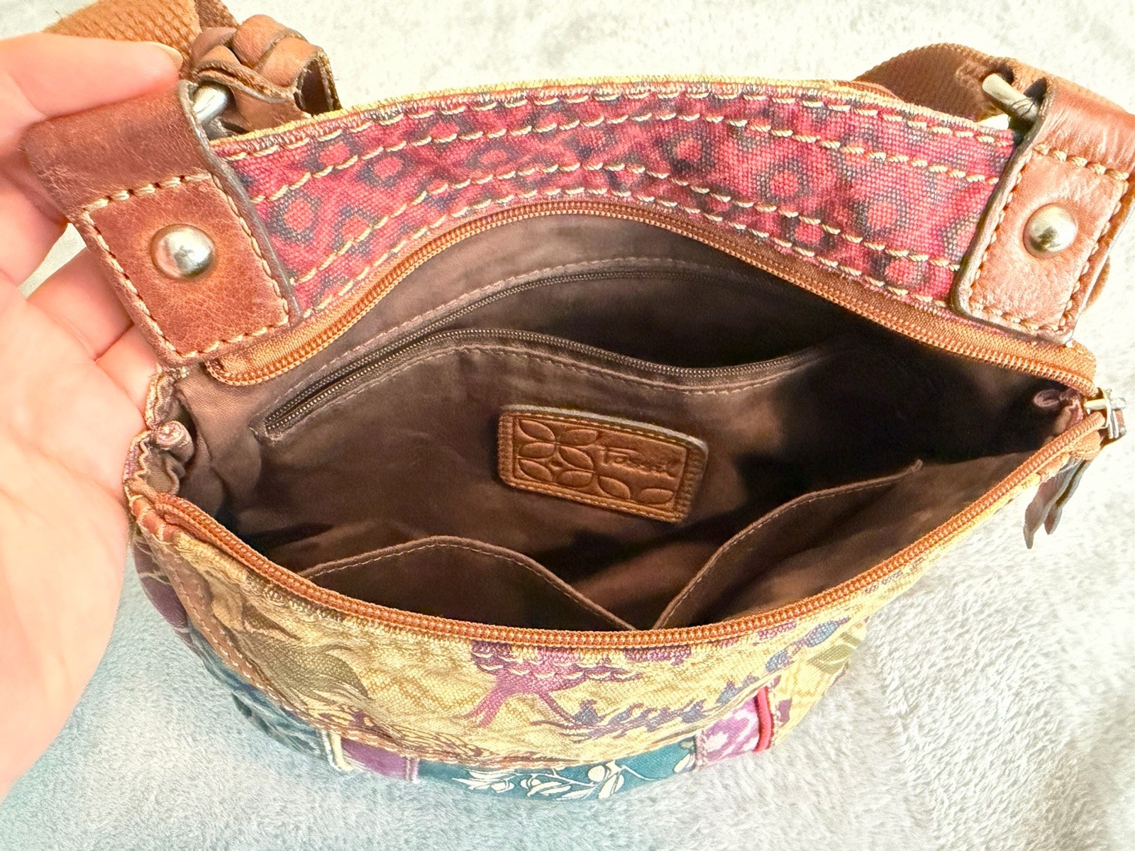 Vintage Fossil Patchwork Print Canvas Tapestry Crossbody Boho Bag w Bird Charm