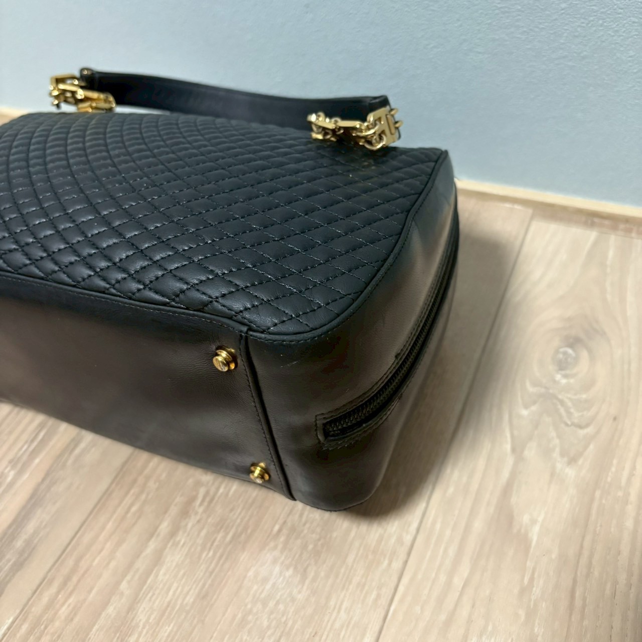 BALLY B-Logo Chain Handle Quilting Leather Mini Boston Bag Handbag Y2K