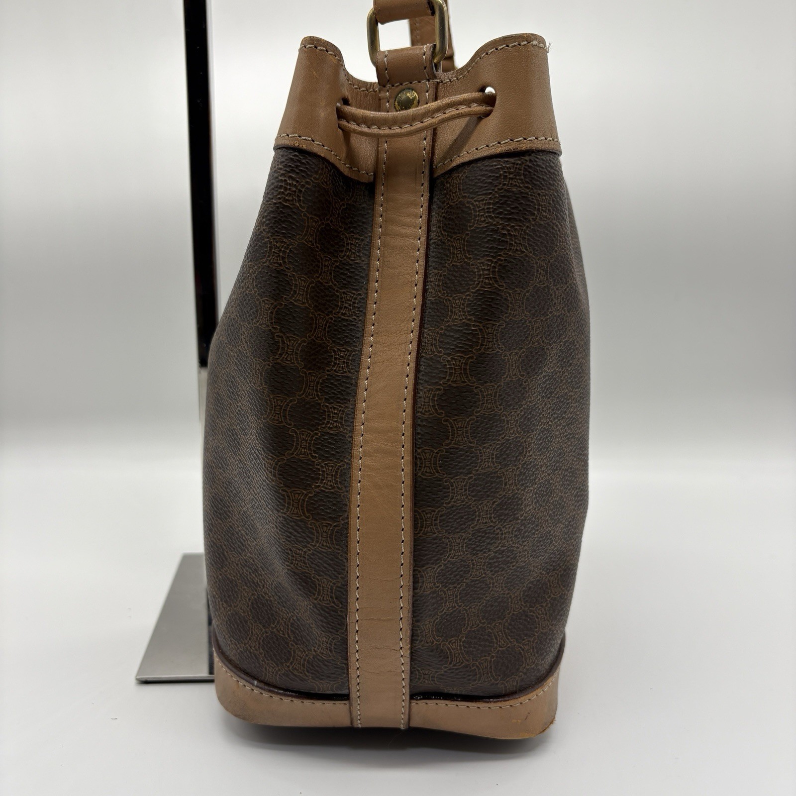 CELINE Macadam Drawstring Bag Pouch PVC Leather Brown Vintage Purse Authentic
