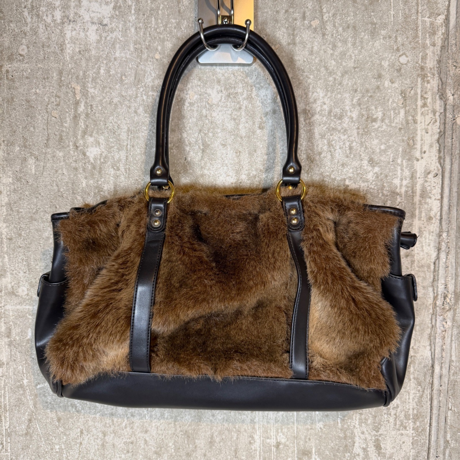 y2k Brown Faux Fur Satchel Bag Black Trim Gold Hardware Large Shoulder Tote